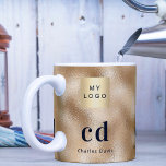 Gold monogram name business logo coffee mug<br><div class="desc">A faux gold background. Personalize and add your business logo (3),  a name and monogram initials (3). The name is written in white with modern white and golden block letters.</div>