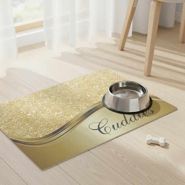 Gold Monogram Name Dog Cat Pet Food Mat (Creator Uploaded)
