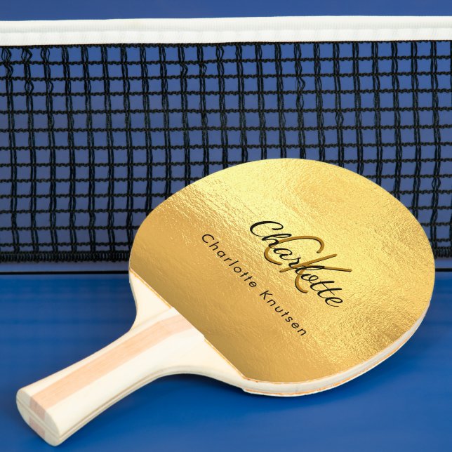 Gold monogram name glamorous ping pong paddle (Insitu)
