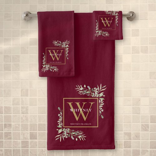 Gold Monogram Name Greenery Burgundy Bath Towel Set