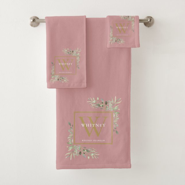 Gold Monogram Name Greenery Dusty Rose Bath Towel Set (Insitu)