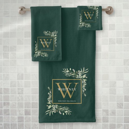 Gold Monogram Name Greenery Emerald Green Bath Towel Set