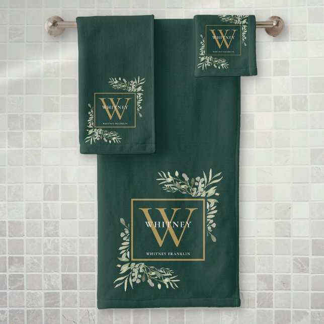 Gold Monogram Name Greenery Emerald Green Bath Towel Set (Gold Monogram Name Greenery Emerald Green Bath Towel Set)