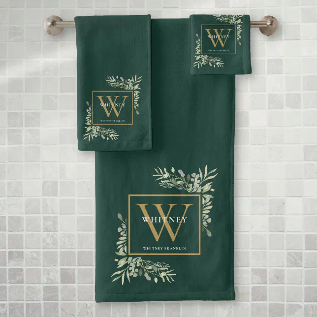 Gold Monogram Name Greenery Emerald Green Bath Towel Set Zazzle