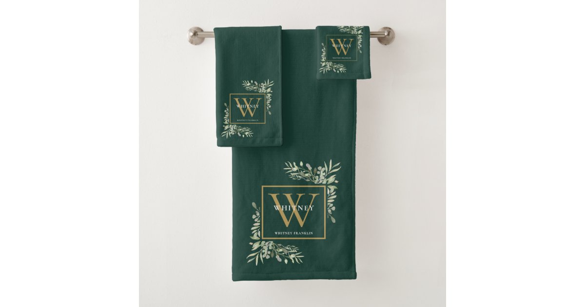 Gold Monogram Name Greenery Emerald Green Bath Towel Set Zazzle
