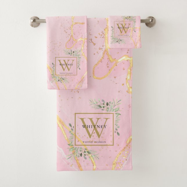 Gold Monogram Name Greenery Pink Agate Geode Bath Towel Set (Insitu)