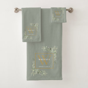 Gold Monogram Name Greenery Sage Green Bath Towel Set