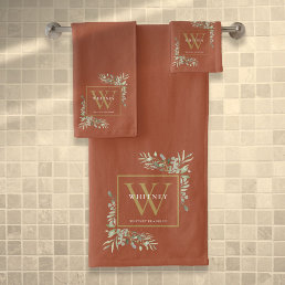 Gold Monogram Name Greenery Terracotta Bath Towel Set