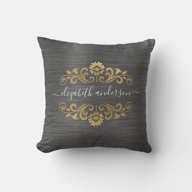 Gold Monogram Name Script Throw Pillow (Front)