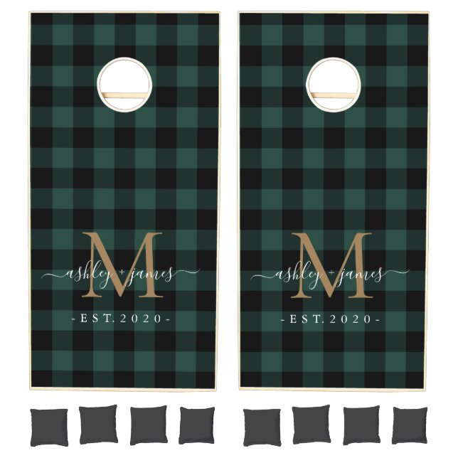 Gold Monogram Names Newlywed Dark Green Check Cornhole Set (Set)
