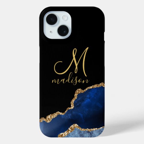 Gold Monogram Navy Blue Gold Glitter Agate iPhone 15 Case