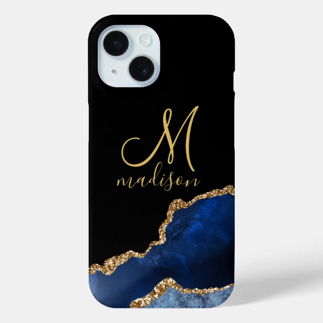 Gold Monogram Navy Blue Gold Glitter Agate Case-Mate iPhone Case (Back)