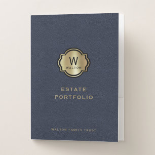 Gold Monogram Navy Blue Leather Look Pocket Folder