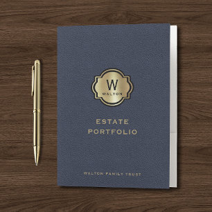 Gold Monogram Navy Blue Leather Look Pocket Folder
