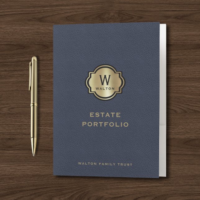 Gold Monogram Navy Blue Leather Look Pocket Folder (Creator Uploaded)