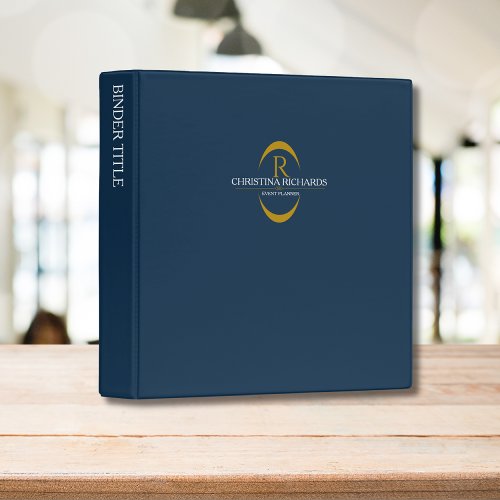 Gold Monogram Navy Blue Modern Elegant  3 Ring Binder