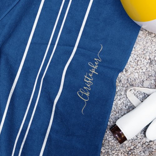 Gold Monogram Navy Blue White Racing Stripes Pool Beach Towel