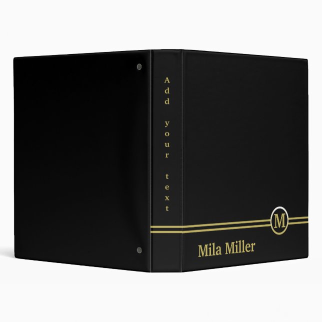 Gold Monogram on black background 3 Ring Binder (Background)