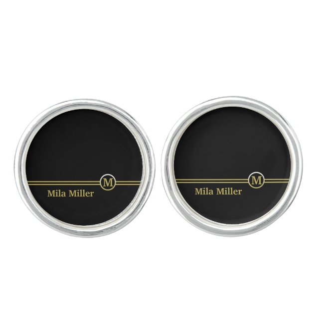 Gold Monogram on black background  Cufflinks (Front)