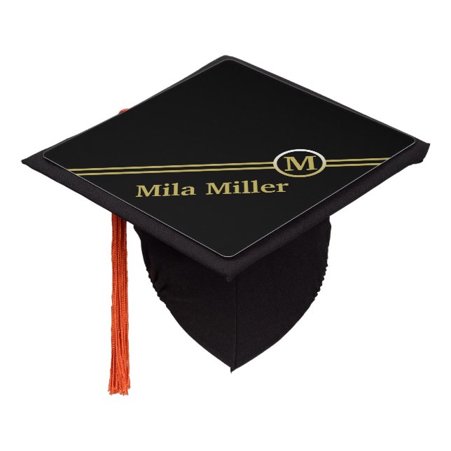 Gold Monogram on black background  Graduation Cap Topper (Angled)