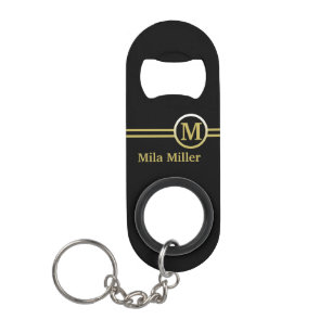 Gold Monogram on black background  Keychain Bottle Opener