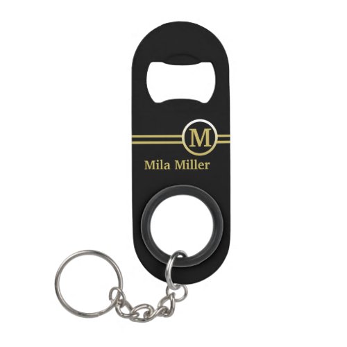 Gold Monogram on black background  Keychain Bottle Opener