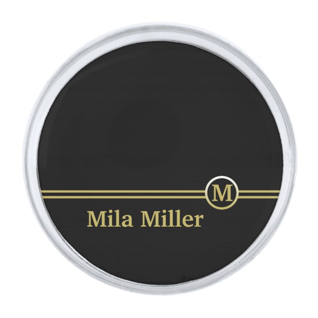Gold Monogram on black background  Silver Finish Lapel Pin (Front)