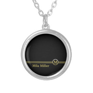 Gold Monogram on black background Silver Plated Necklace