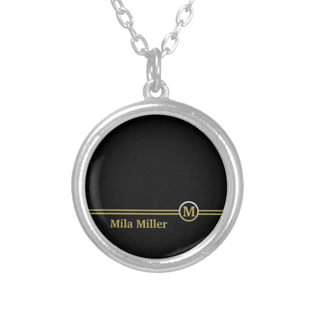 Gold Monogram on black background Silver Plated Necklace (Front)