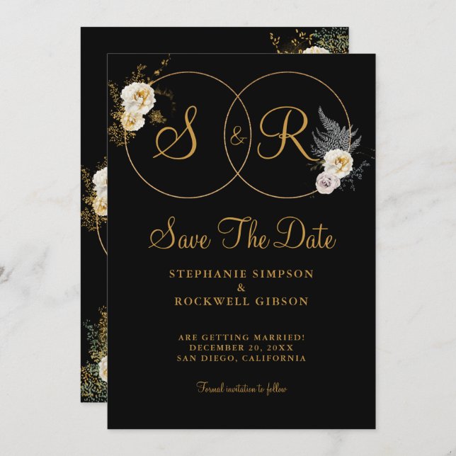 Gold Monogram On Black Name Initial Wedding  Save The Date (Front/Back)