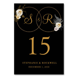 Gold Monogram On Black Name Initial Wedding Table Number