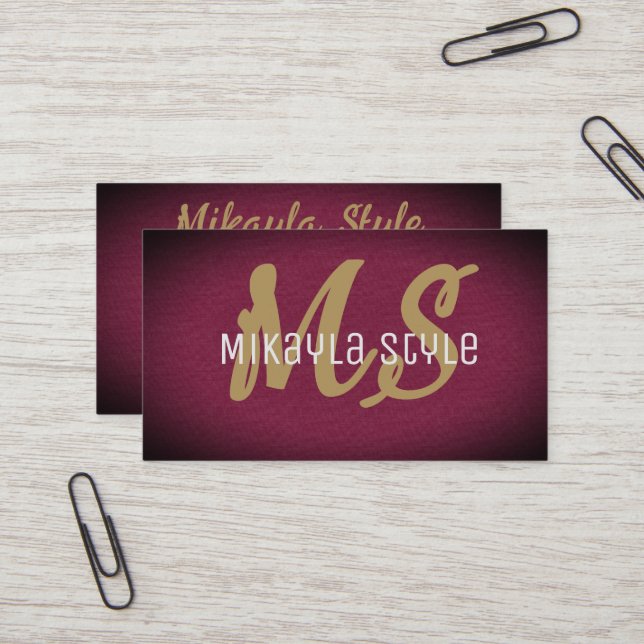 Gold Monogram on Textured Burgundy Background Business Card (Front/Back In Situ)