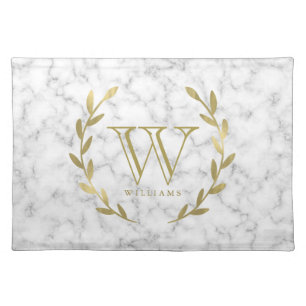 Gold Monogram on White Marble Texture Placemat