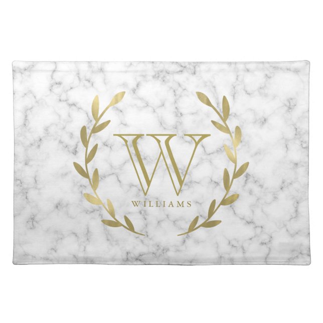 Gold Monogram on White Marble Texture Placemat (Front)