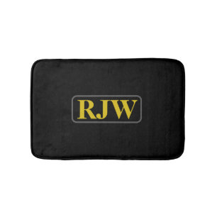 Gold Monogram or Name Inside Grey Border on Black Bath Mat