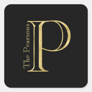 Gold Monogram P and Name on Any Color Square Sticker