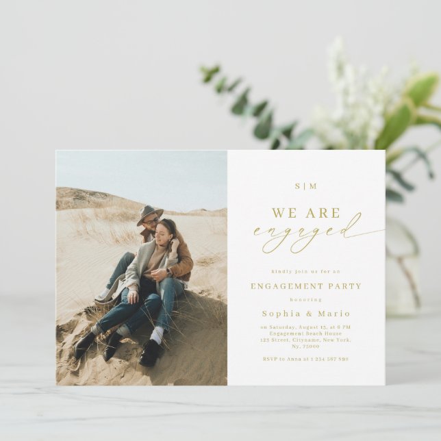 Gold Monogram & Photo Modern Engagement Party Invitation (Standing Front)