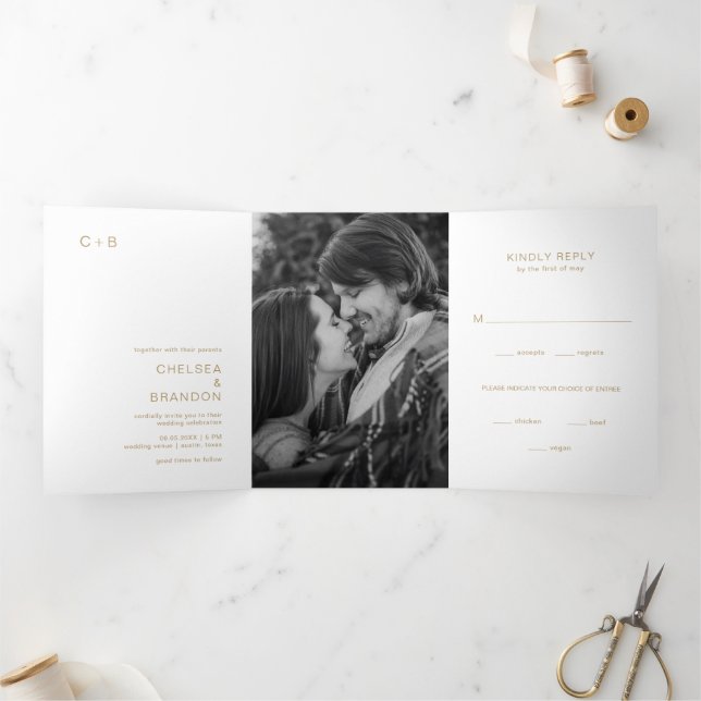 Gold Monogram Photo Modern Wedding Tri-Fold Invitation (Inside)