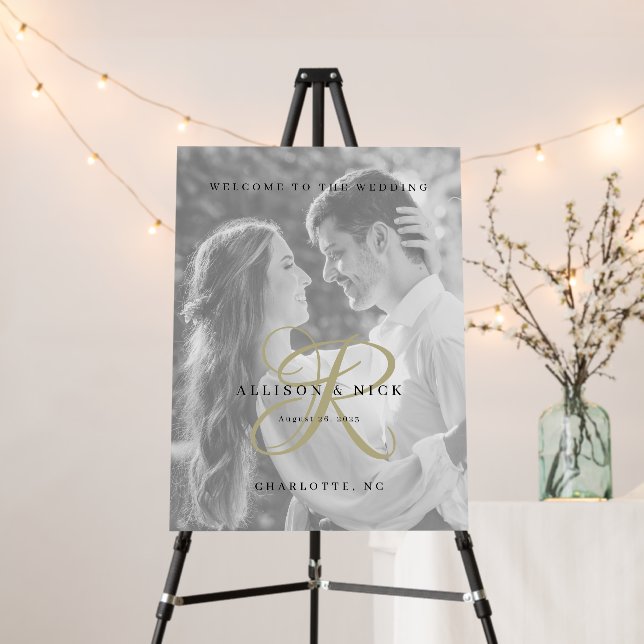 Gold Monogram Photo Wedding Welcome Sign (In Situ (Stand))