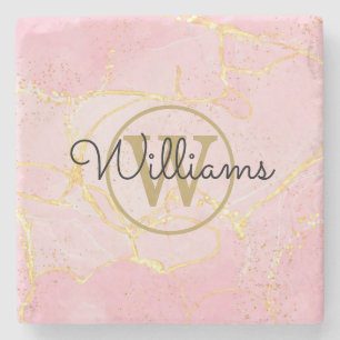 Gold Monogram Pink Agate Geode Stone Coaster