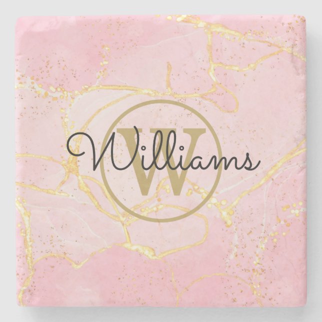 Gold Monogram Pink Agate Geode Stone Coaster (Front)