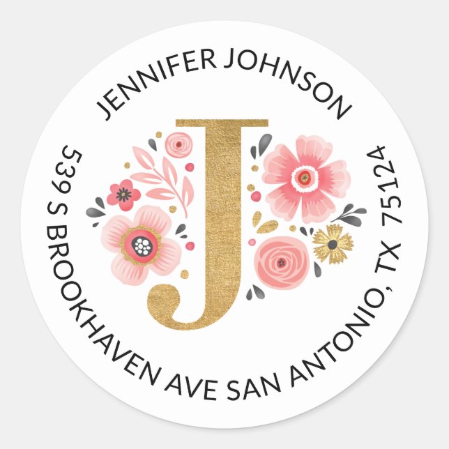 Gold Monogram Pink Floral Return Address Label (Front)
