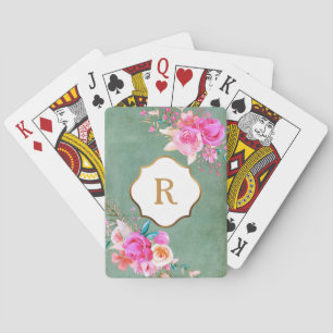 Gold Monogram Pink Flowers Vintage Green Texture Poker Cards