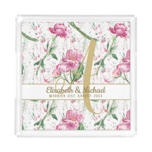 Gold Monogram Pink Peonies Green Leaves Newlyweds Acrylic Tray