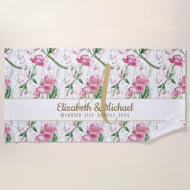 Gold Monogram Pink Peonies Green Leaves Newlyweds Beach Towel (Front)