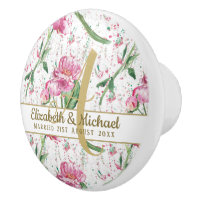 Gold Monogram Pink Peonies Green Leaves Newlyweds Ceramic Knob