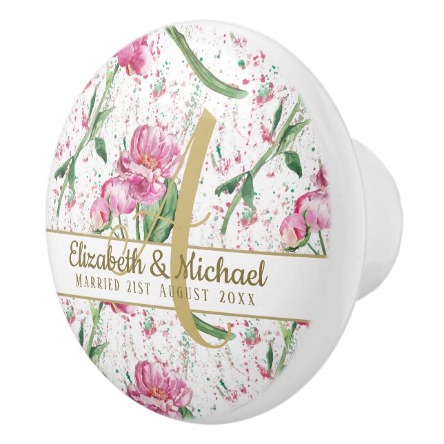 Gold Monogram Pink Peonies Green Leaves Newlyweds Ceramic Knob (Right)