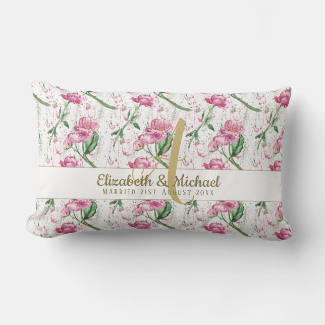 Gold Monogram Pink Peonies Green Leaves Newlyweds Lumbar Pillow (Front)