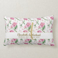 Gold Monogram Pink Peonies Green Leaves Newlyweds Lumbar Pillow