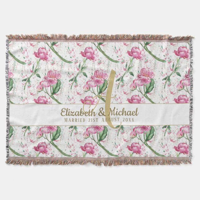 Gold Monogram Pink Peonies Green Leaves Newlyweds Throw Blanket (Front)